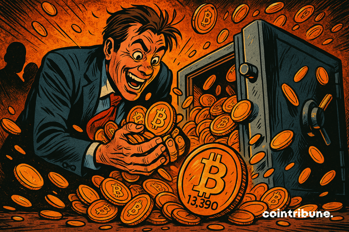 Saylor de Strategy in dark suit (executive type), tousled hair, bright eyes, posture tilted towards the inside of the safe, frantically picking up bitcoin with both hands.