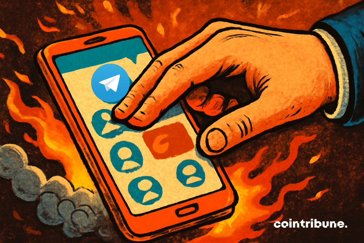 gros plan sur un smartphone dont l’écran affiche une interface Telegram en train de supprimer des comptes.