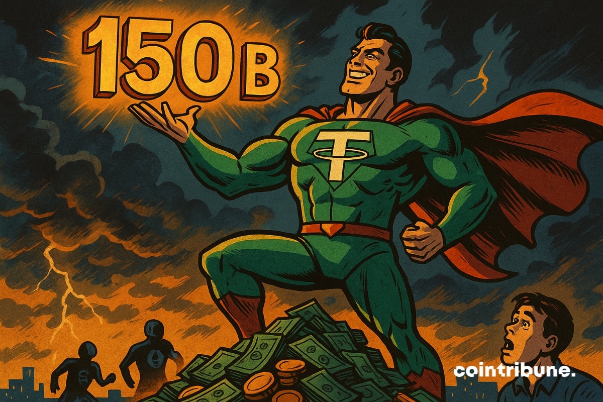Un super héros Tether en posture héroïque sur un tas de billets avec 150 millards brillant sur sa main droite.