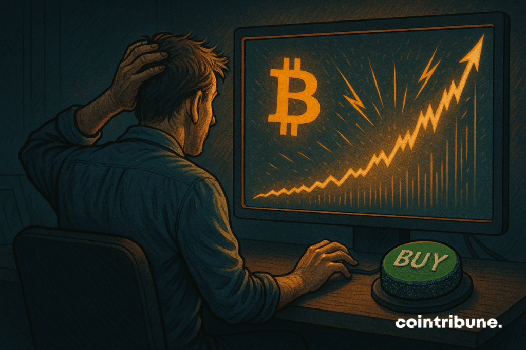 Un hombre visto desde atrás, sentado frente a una pantalla de computadora que muestra una espectacular tendencia ascendente en Bitcoin. Vacilante, se rasca la cabeza con la mano izquierda mientras su mano derecha se cierne sobre un gran botón verde que dice "COMPRAR". La escena está bañada por una dramática luz naranja y azul, que enfatiza la tensión del momento.