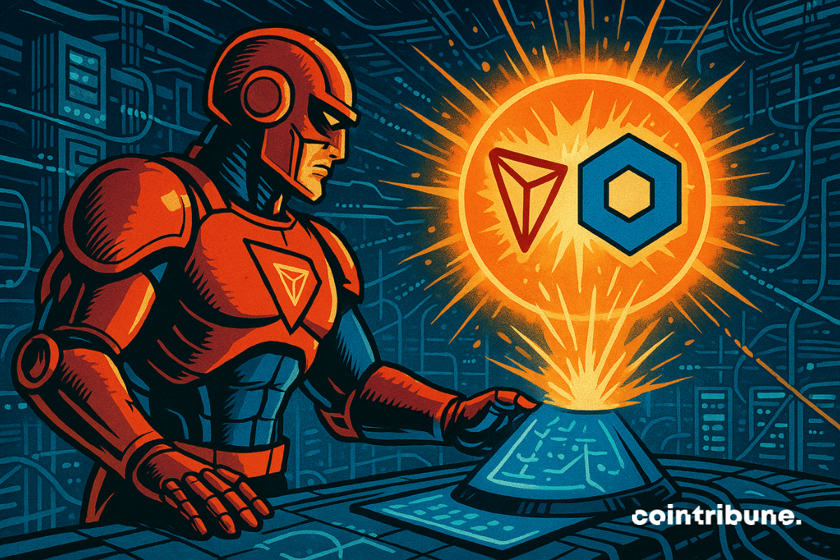 Un ingénieur cybernétique en armure TRON rouge activant une console holographique bleue (Chainlink).