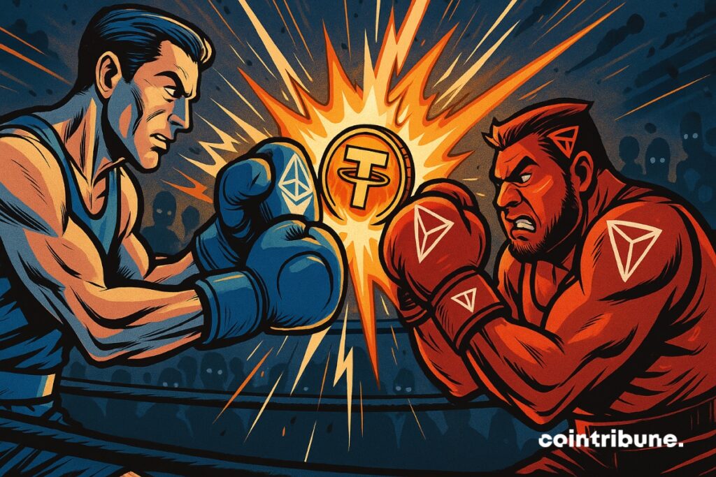 Two Tron and Ethereum fighters battling it out to become number 1 in stablecoins, with Tether (USDT) at the center of the conflict.