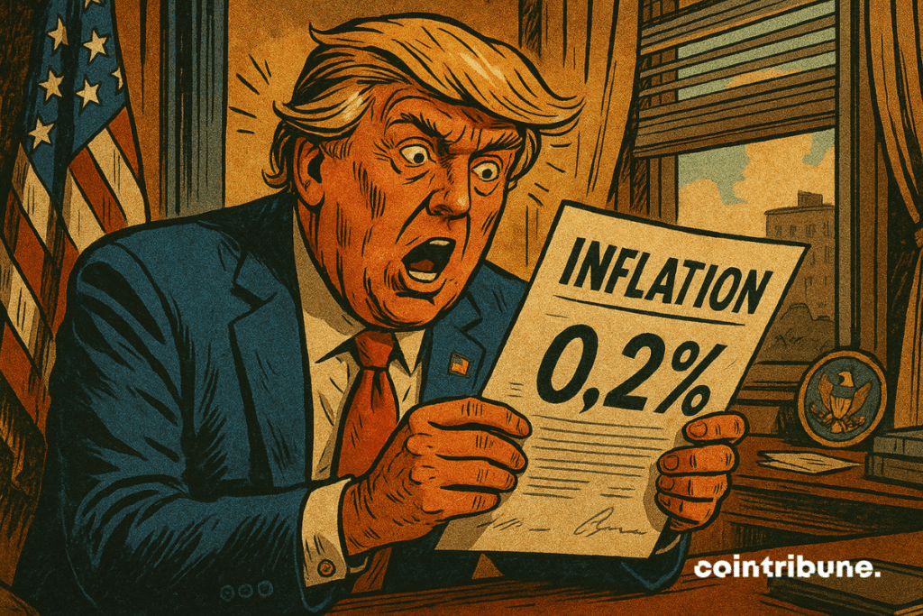 Oval Office, lit by a bright, centered light. Trump in leaning posture over a graph screen. Stunned, mouth ajar, eyebrows raised. Inflation graph, with “0.2%” in figures.