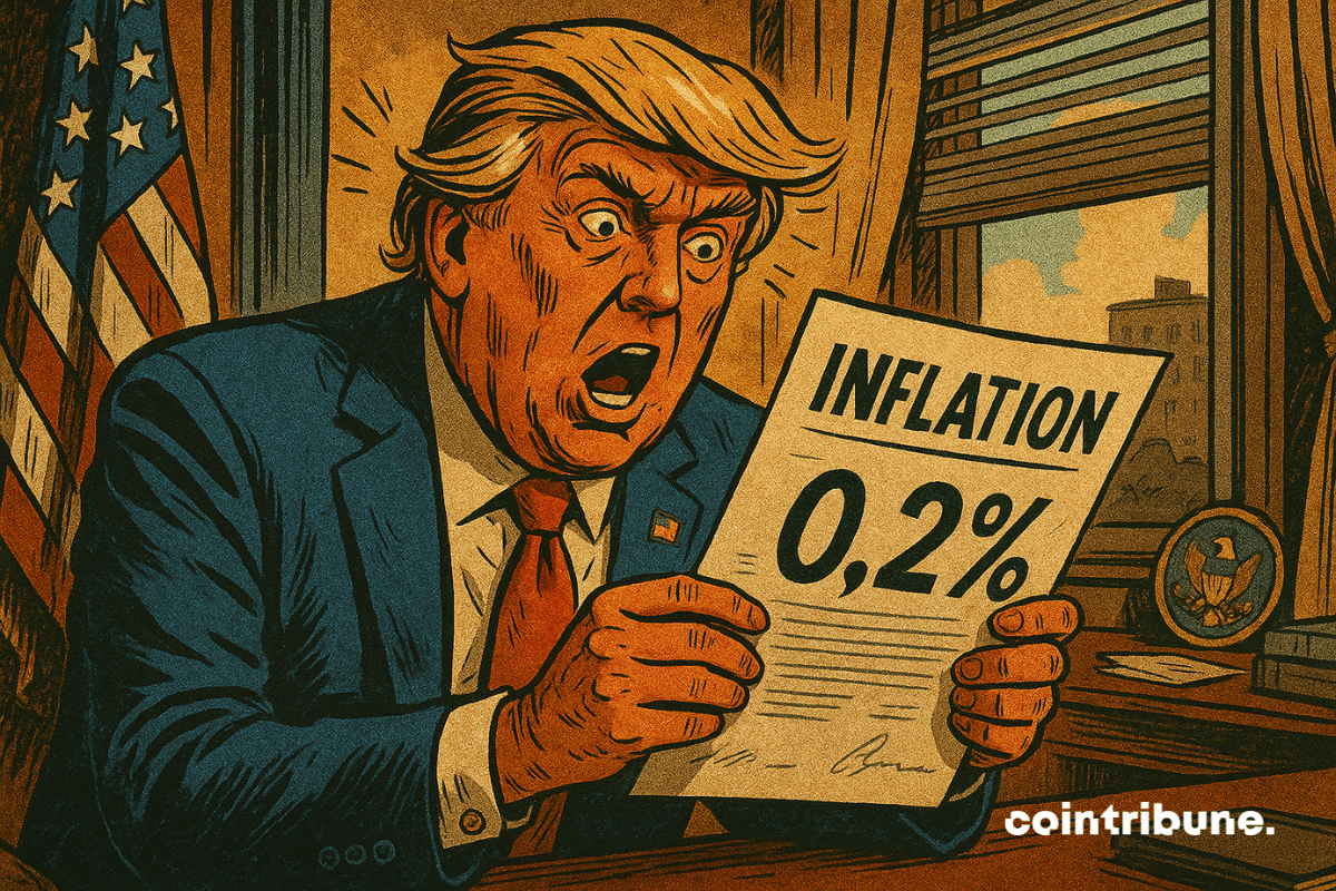 Salão Oval, iluminado por uma luz brilhante e centralizada. Trump inclinado sobre uma tela gráfica. Atônito, com a boca entreaberta e as sobrancelhas erguidas. Gráfico de inflação, com “0,2%” em números.