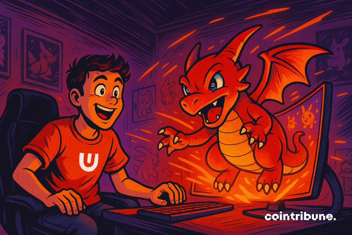Un gamer stupéfait voit une créature de type dragon enflammée surgir de son écran, dans une pièce tamisée décorée d’art inspiré de Pokémon.