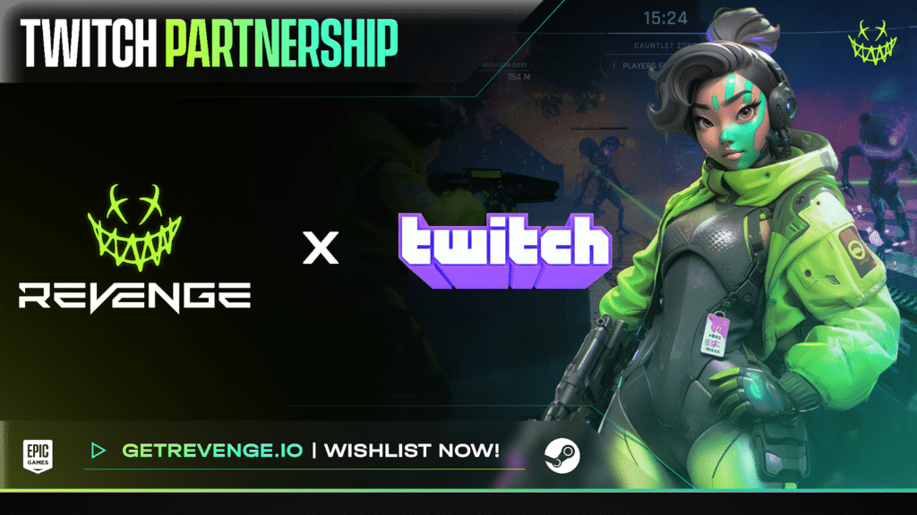 A futuristic character in neon green armor and headphones stands in front of the Twitch logo and the "REVENGE" game world, embodying the interactive gaming revolution.