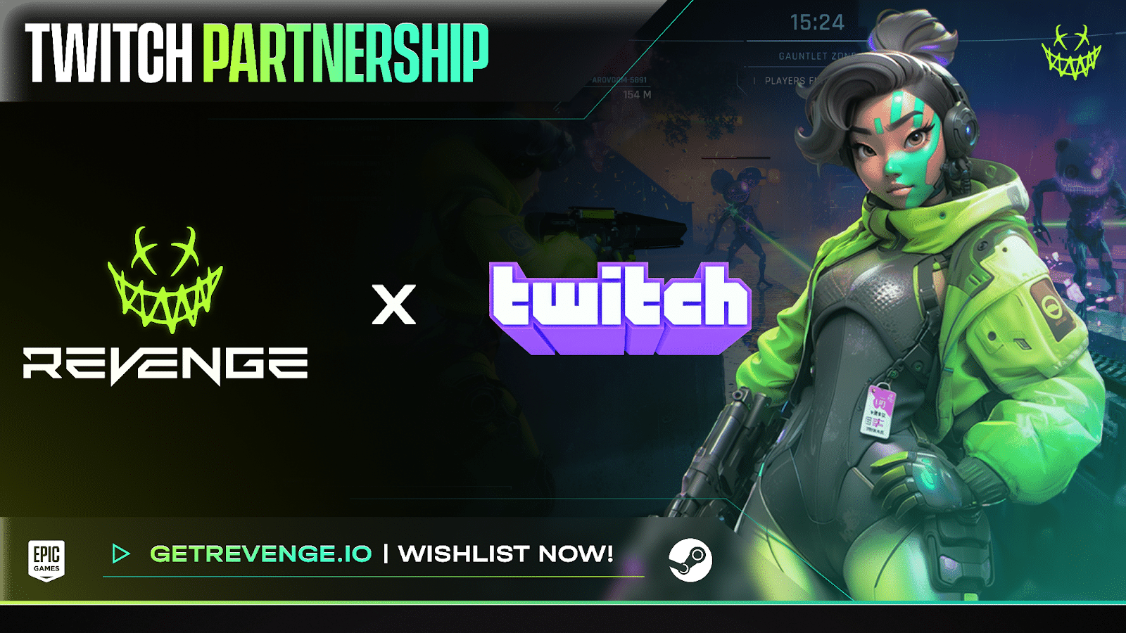 A futuristic character in neon green armor and headphones stands in front of the Twitch logo and the "REVENGE" game world, embodying the interactive gaming revolution.