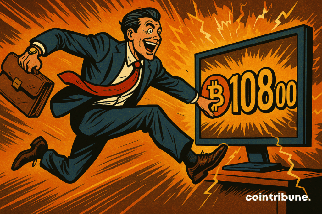 Illustration d'un homme d’affaires qui saute avec enthousiasme vers un écran affichant “₿ 108 000” et le logo du bitcoin