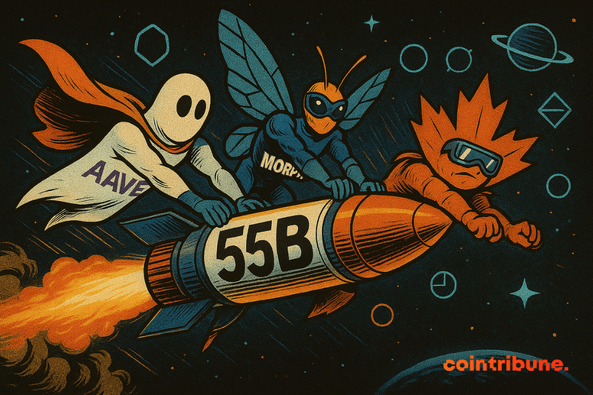 Three figures representing Aave, Morpho and Maple bringing a rocket marked 55B back into space