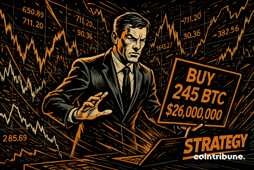 Inversor que representa a la Estrategia manejando una pantalla donde está escrito 245 BTC, en un contexto de caos digital.