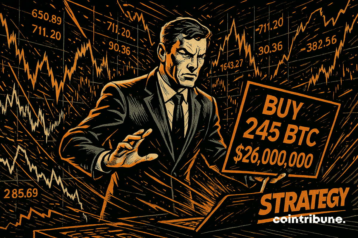 Inversor que representa a la Estrategia manejando una pantalla donde está escrito 245 BTC, en un contexto de caos digital.