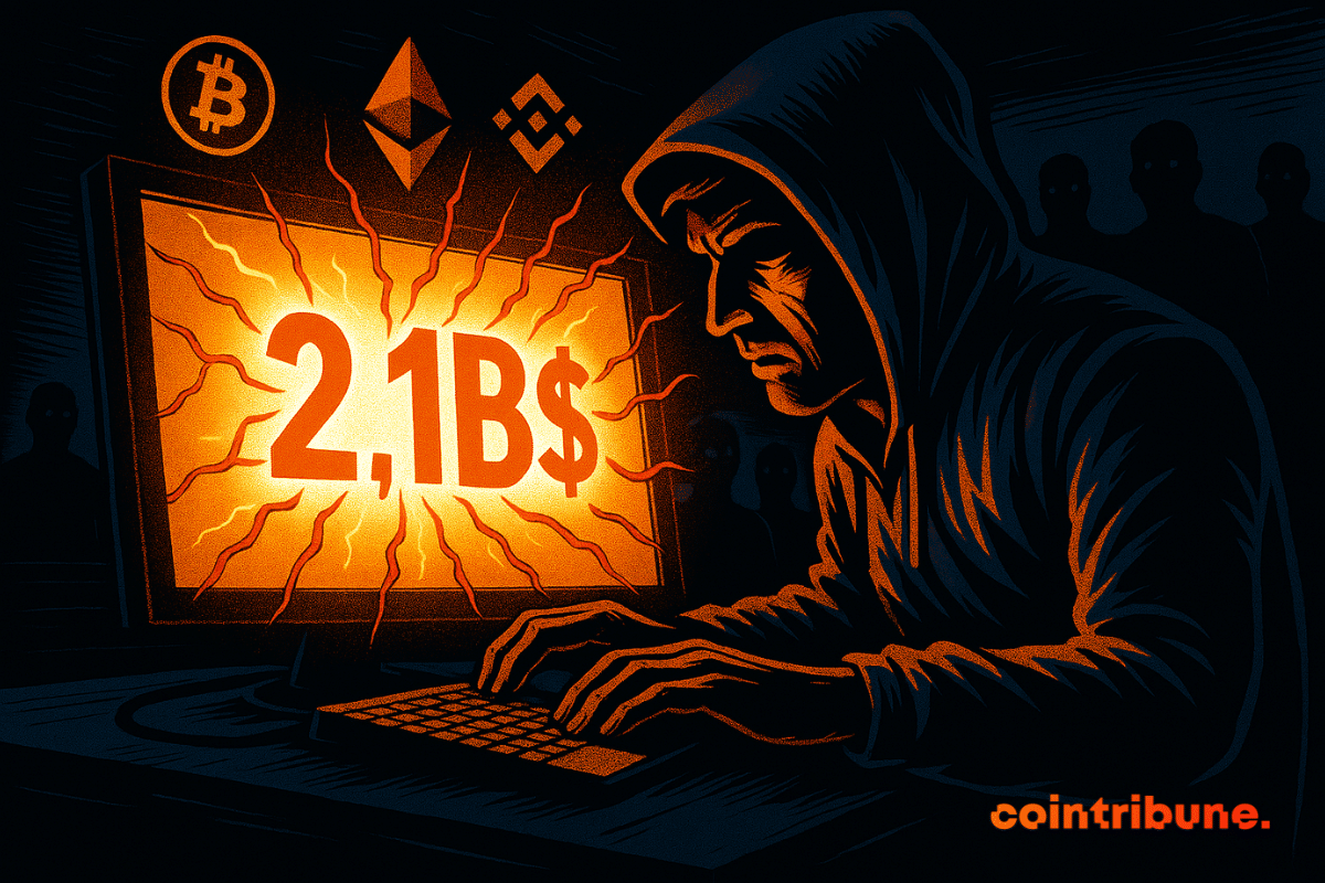 Un hacker masqué devant un écran affichant "2,1B$", avec des fissures et des logos de cryptos populaires en arrière-plan.