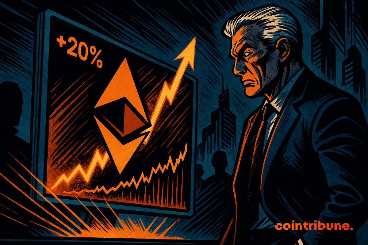 Un investisseur concentré observe un graphique Ethereum en forte hausse, entouré de silhouettes dans une ville futuriste, illuminé d'orange.