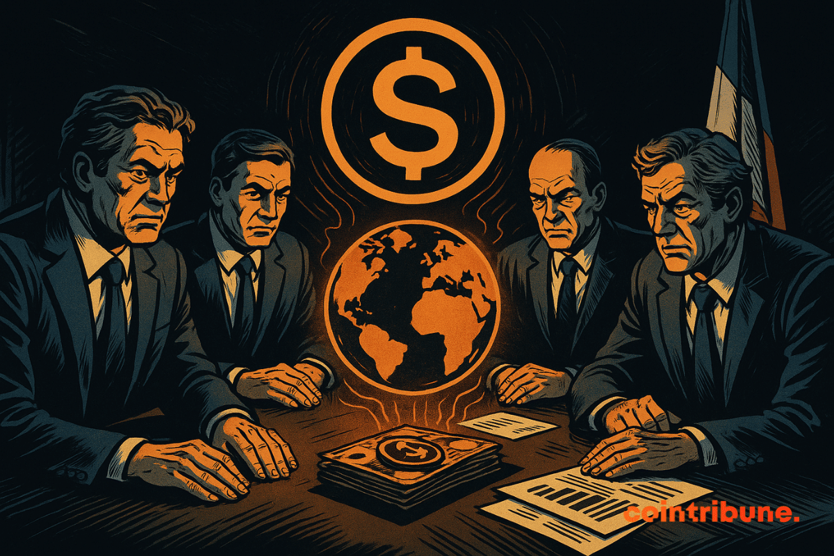 Quatre hommes en costume, concentrés, observant un hologramme de stablecoin au-dessus du monde, avec une lueur orange intense.
