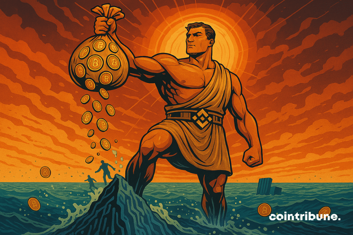 Géant représentant Binance débout sur une mer, tenant un sac plein de bitcoins