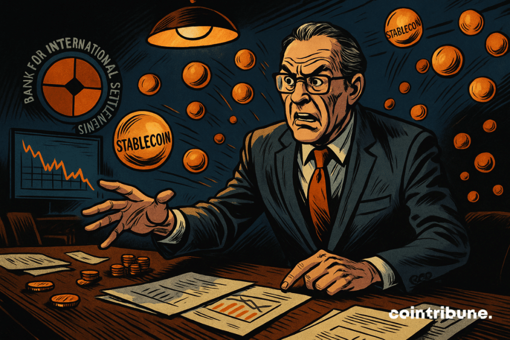 Un alarmado regulador del BPI señala a las stablecoins flotantes en un entorno sombrío, símbolo de la amenaza financiera.