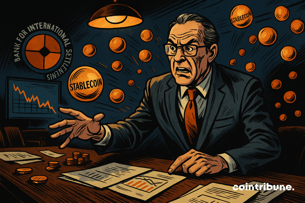 Um regulador alarmado do BIS aponta para stablecoins flutuantes em um ambiente sombrio, simbolizando a ameaça financeira.
