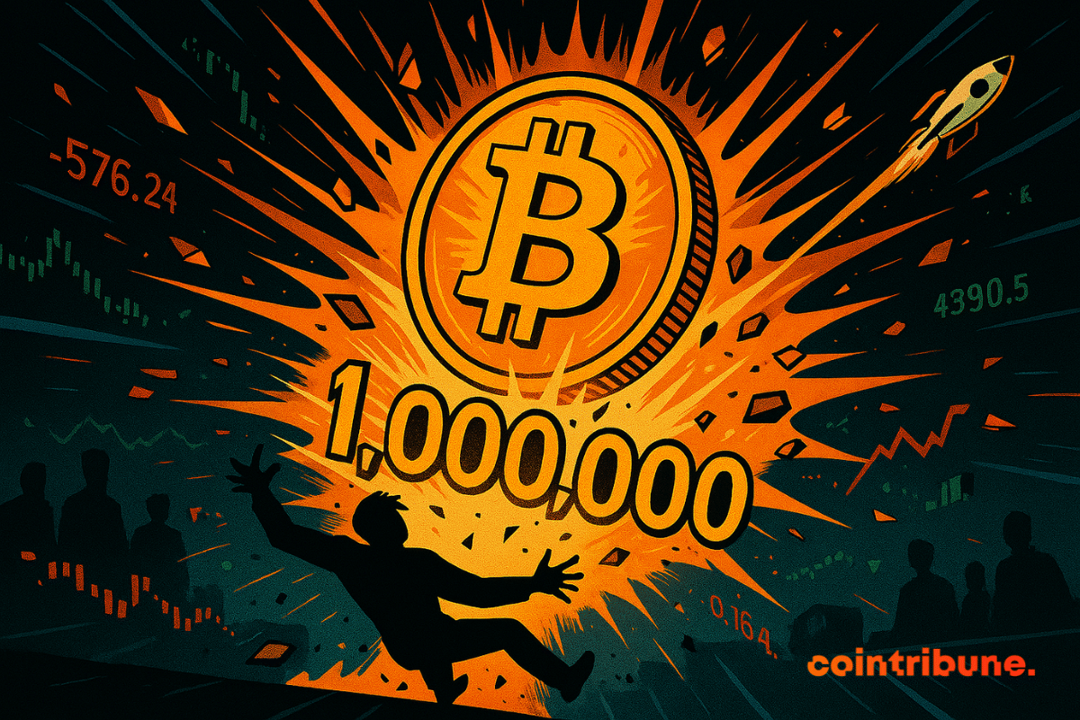Bitcoin coin exploding like a supernova, underneath is a number 1 million