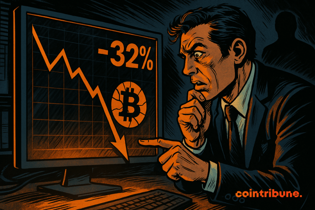 Un analista preocupado observa un gráfico de Bitcoin que cae un 32%, con una silueta ominosa de fondo, creando un ambiente tenso.