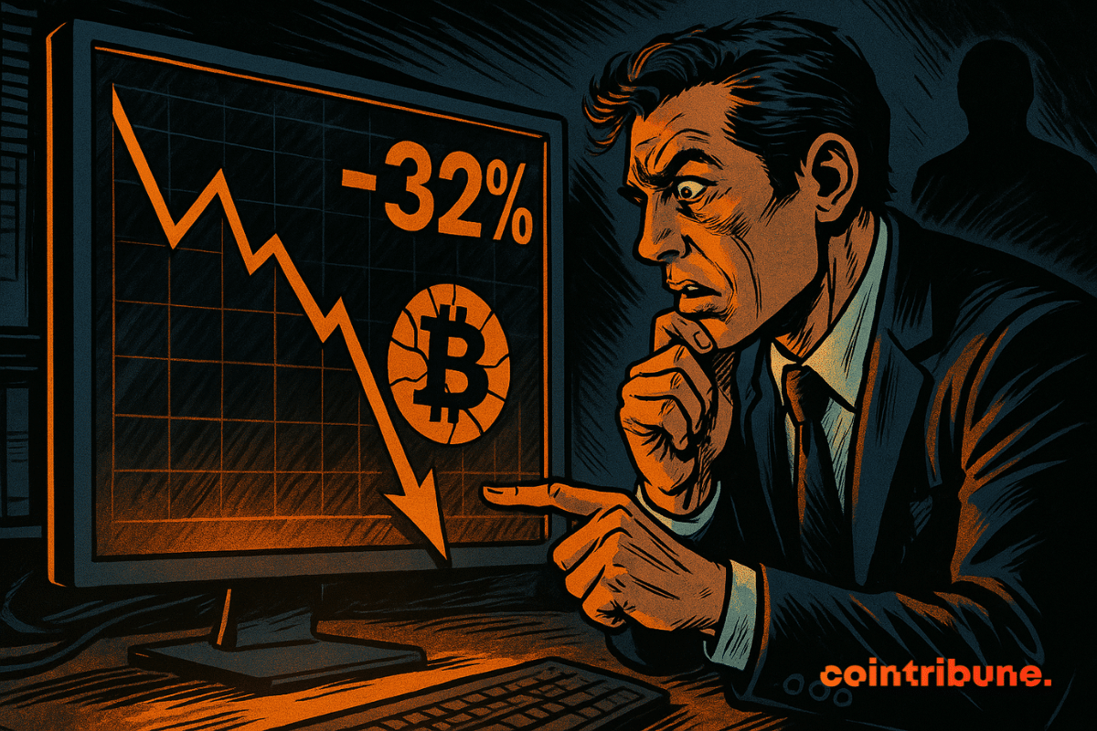 Un analyste inquiet observe un graphique Bitcoin chutant de 32%, avec une silhouette menaçante en arrière-plan, ambiance tendue.