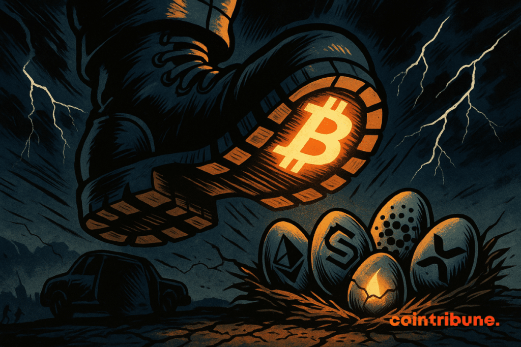 Bitcoin logo booted foot crushing altcoin eggs