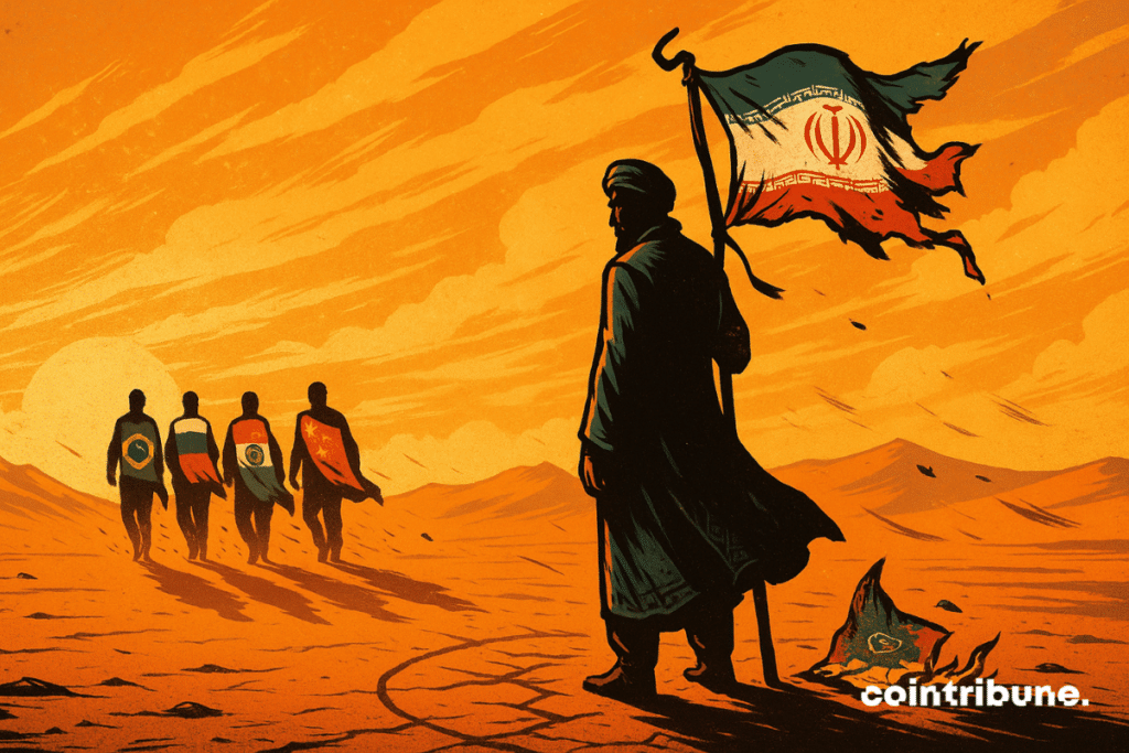A figure representing Iran stands motionless, frozen in the wind, holding a broken Iranian flag in one hand. To his left, five figures representing the BRICS countries march away in formation, their backs resolutely turned.