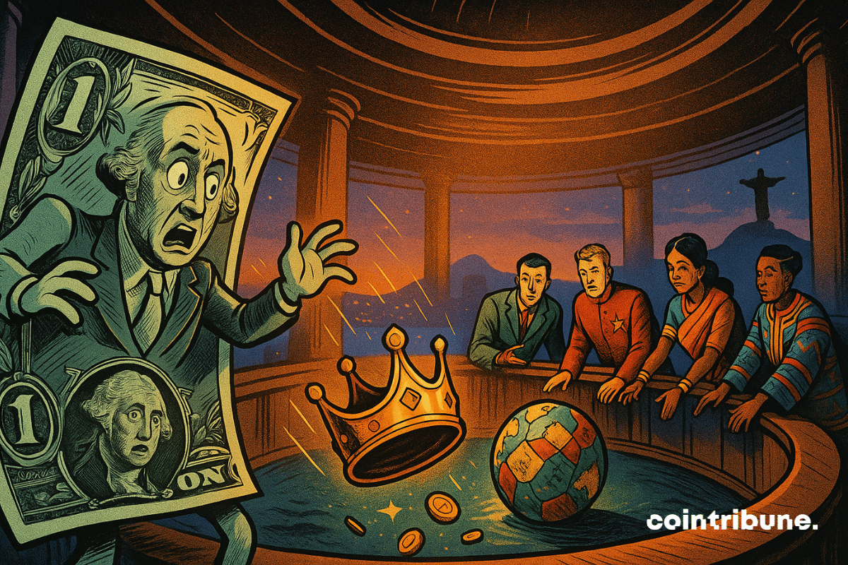 Uma nota de 1 dólar gigantesca e personificada, com o rosto animado e surpreso de George Washington, deixa cair uma coroa dourada. Uma esfera flutuante multicolorida no centro da mesa simboliza uma nova moeda em ascensão. Representantes dos BRICS se inclinam em direção à nova esfera monetária.