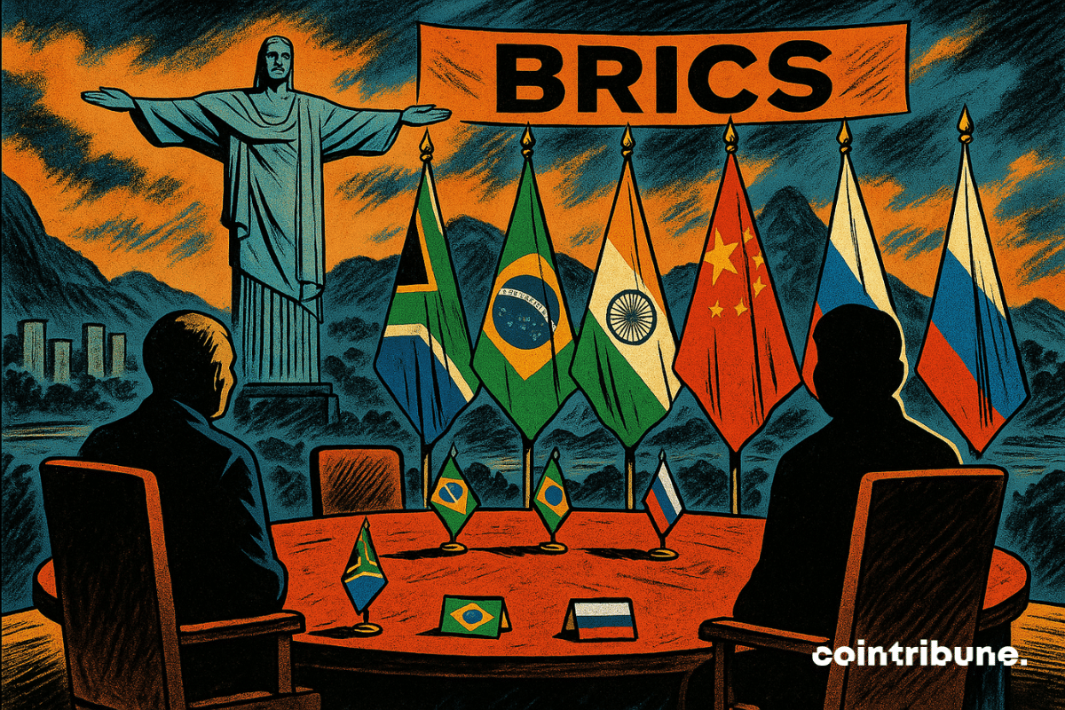Deux chaises symboliques (Russie, Chine) sont vides au sommet des BRICS à Rio. Les chaises sont ornées des silhouettes ou ombres de Xi et Poutine en fond. Le Christ Rédempteur surplombe la scène.