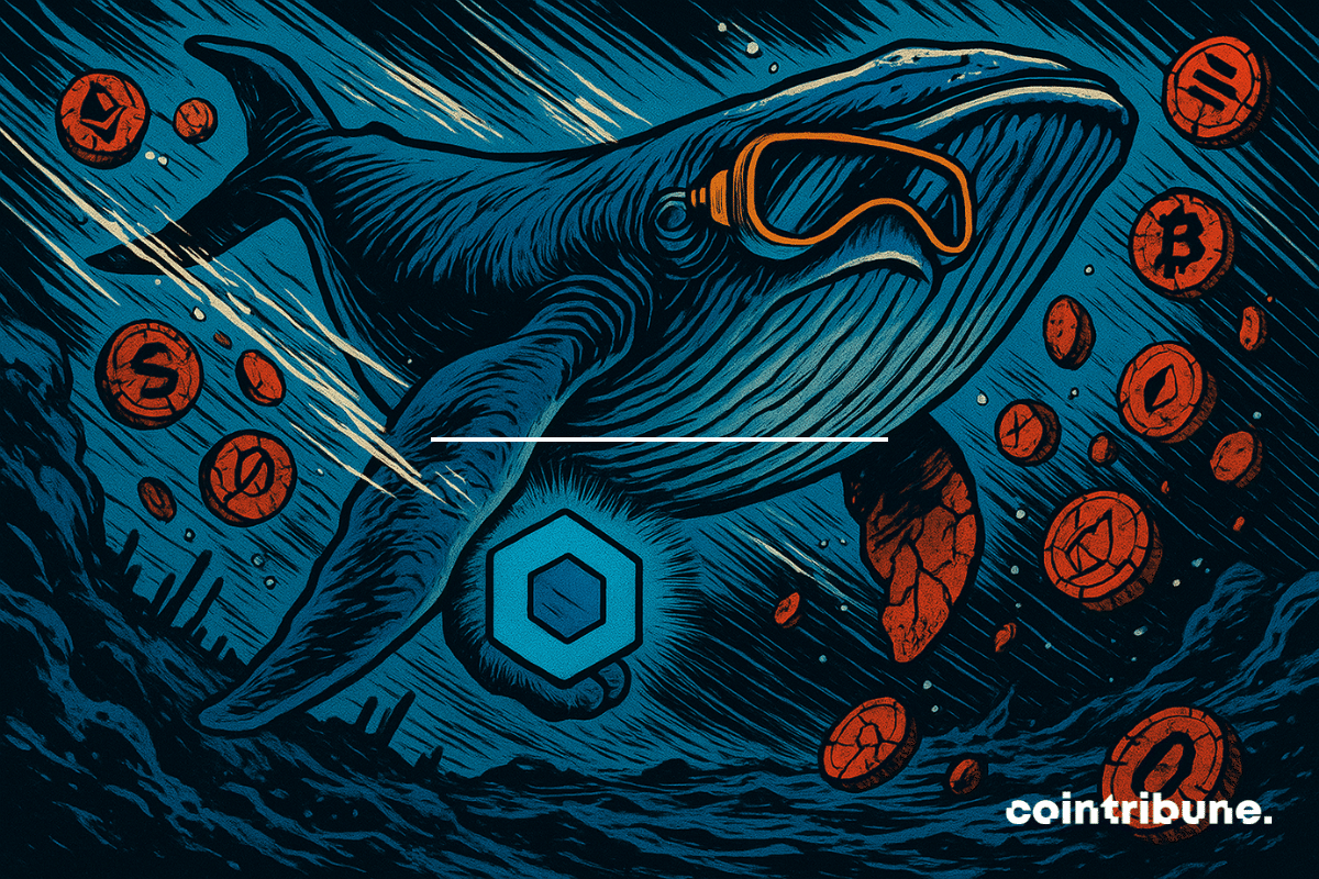 A imagem mostra uma imensa baleia segurando um logotipo luminoso da criptomoeda Chainlink.