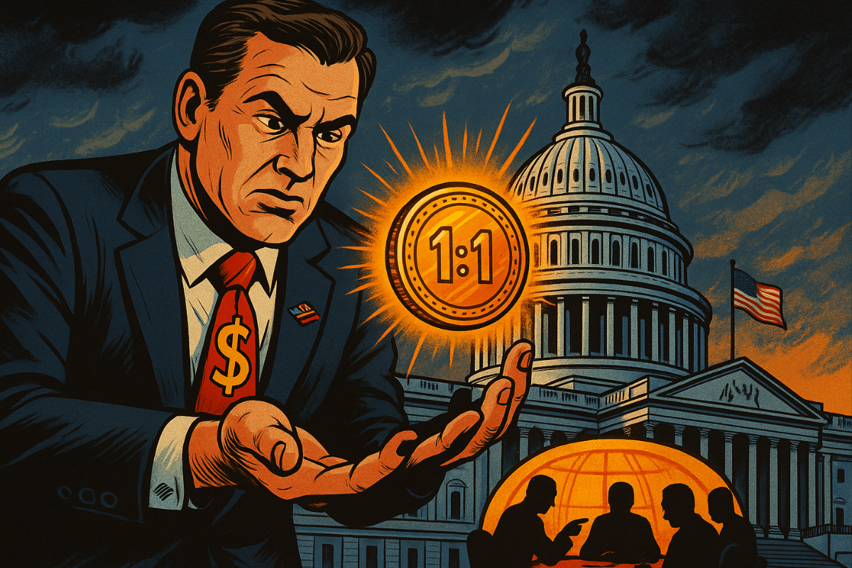 Un homme d'affaires tenant un Stablecoin devant le Capitole américain.