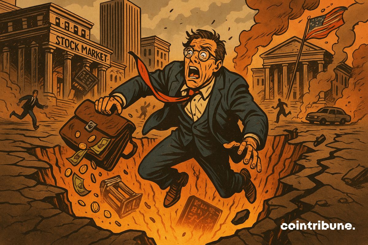 A World Bank official, a symbolic representative of finance and economics, is suspended above the void, desperately clinging to his briefcase, which itself is barely held on the edge of the abyss.
