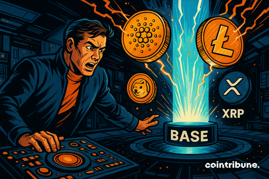An engineer activates a futuristic console as ADA and LTC cryptocurrencies are pushed to the Base blockchain