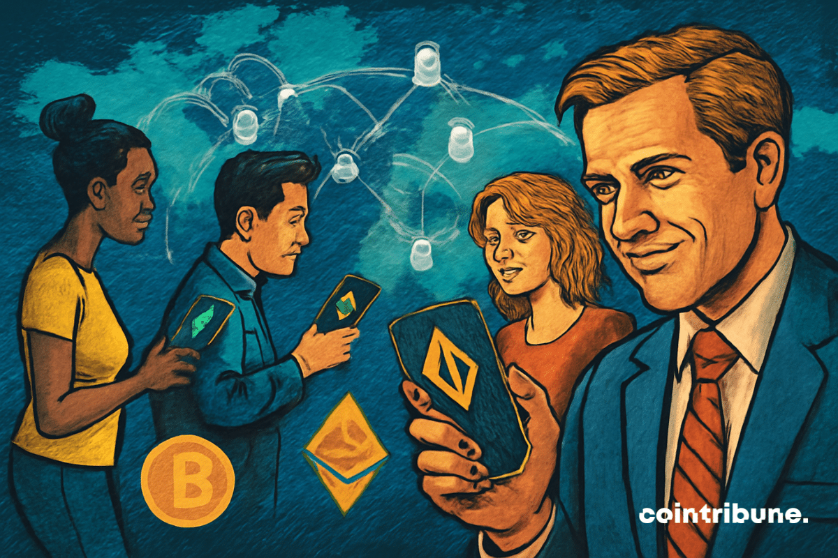 Crypto investors in different environments (Asia, Europe, America) all using a Binance app on their devices.