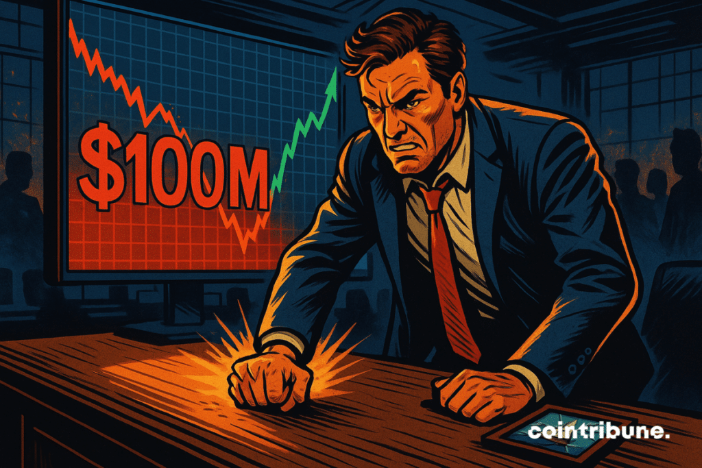 Illustration d'un trader en costume avec un visage tendu, devant un écran affichant une perte de 100M$.