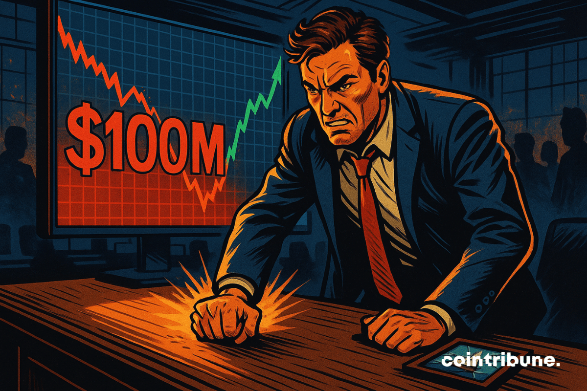 Illustration of a trader in a suit with a tense face, in front of a screen showing a 0M loss.