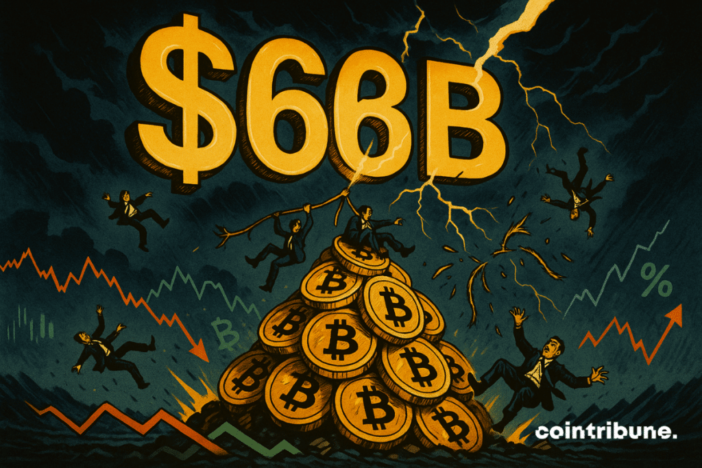 The image shows a gigantic golden “B” illuminating a stormy sky above an unstable mountain of Bitcoins.