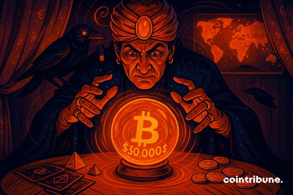 Un voyant excentrique observe une boule de cristal qui irradie une lumière intérieure chaude, orangée, dans laquelle on voit apparaître très nettement le chiffre « 330 000 $ » accompagné du logo Bitcoin en fusion, comme une apparition mystique.