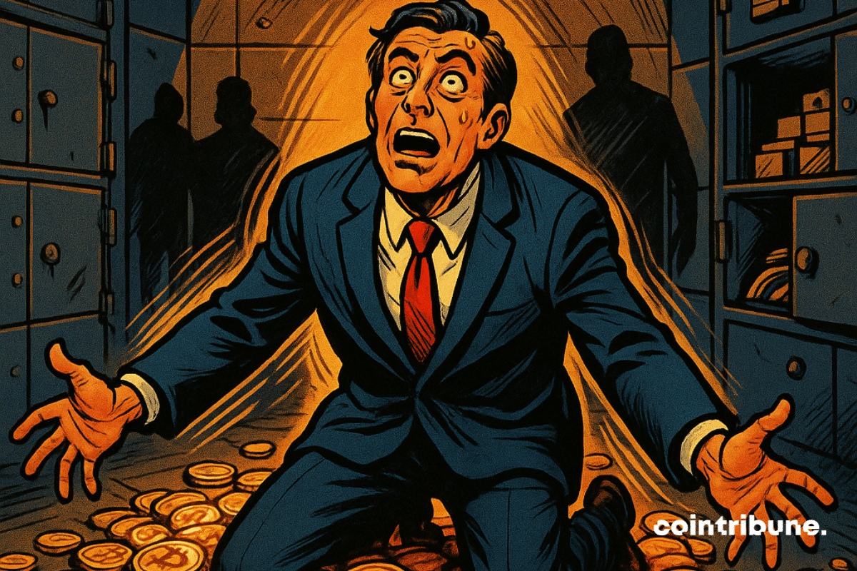 Illustration d'un homme en costume bleu nuit est agenouillé au sol, au centre d’un amoncellement de pièces d’or marquées du symbole Bitcoin.