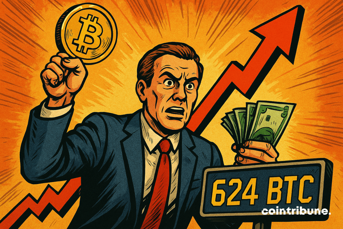 Ilustração de um homem segurando um bitcoin e maços de dinheiro, abaixo de uma seta vermelha ascendente e o texto "624 BTC".