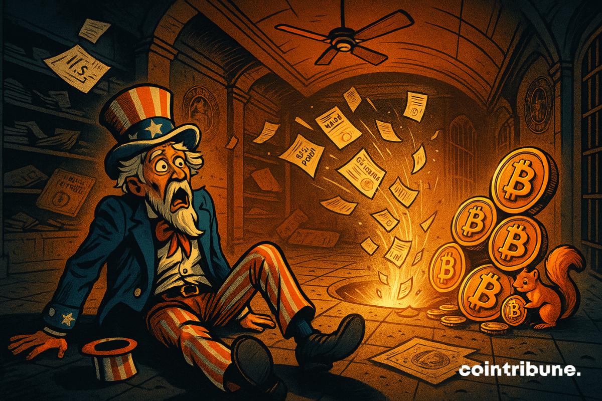 L'Oncle Sam observe des Bitcoins qui aspirent des documents obligataires US dans une salle de coffres monumentale.