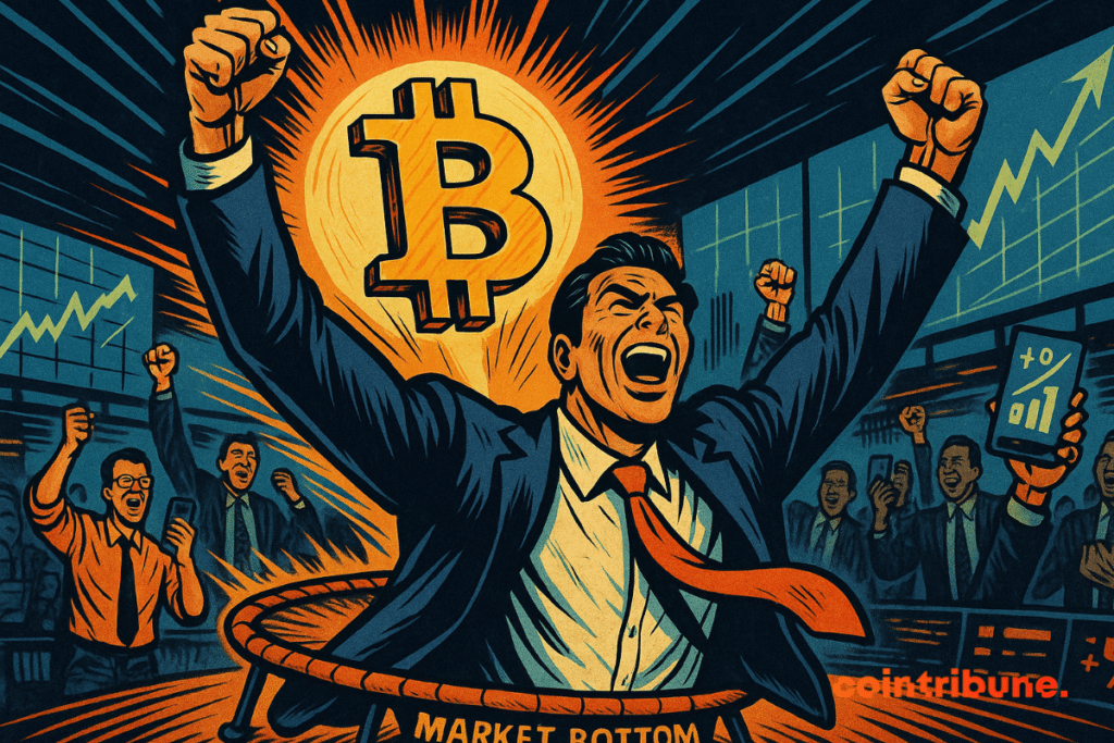 Trader comemorando a alta do Bitcoin na tela.