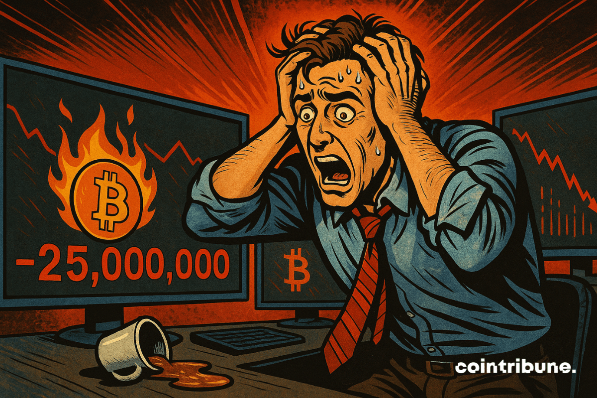 Illustration d'un trader en pleine panique, se tient la tête entre les mains devant trois écrans affichant une chute dramatique du Bitcoin.