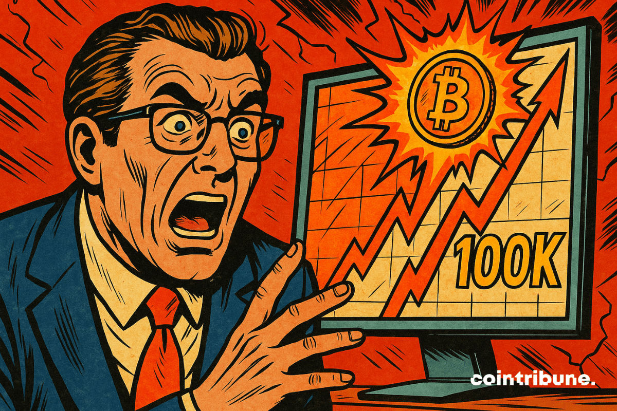 Illustration d'un trader stupéfait qui fixe un écran où un Bitcoin en flammes explose à "100K".