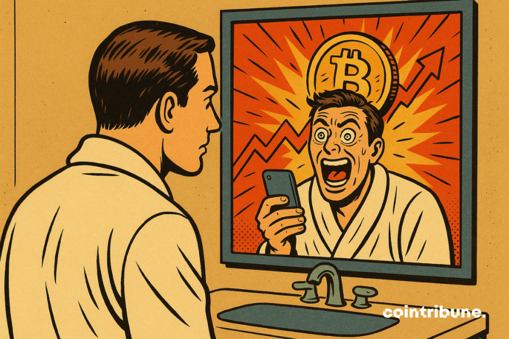 Un investisseur Bitcoin en peignoir face à un miroir. Dans le miroir, son reflet est en pleine frénésie (yeux écarquillés, smartphone dans la main, gains en arrière-plan). Le reflet du miroir en contraste fort avec l’attitude paisible du personnage réel.