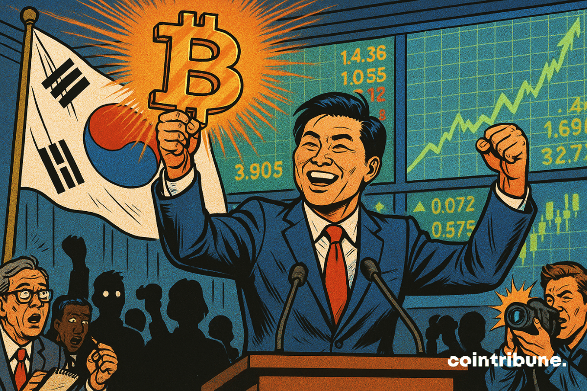 Un président fraîchement élu brandit un gigantesque Bitcoin doré sous les acclamations, devant le drapeau sud-coréen et des écrans financiers en pleine euphorie. L’image, au style bande dessinée des années 70, capture un tournant historique : l’alliance du pouvoir politique et de la révolution crypto.