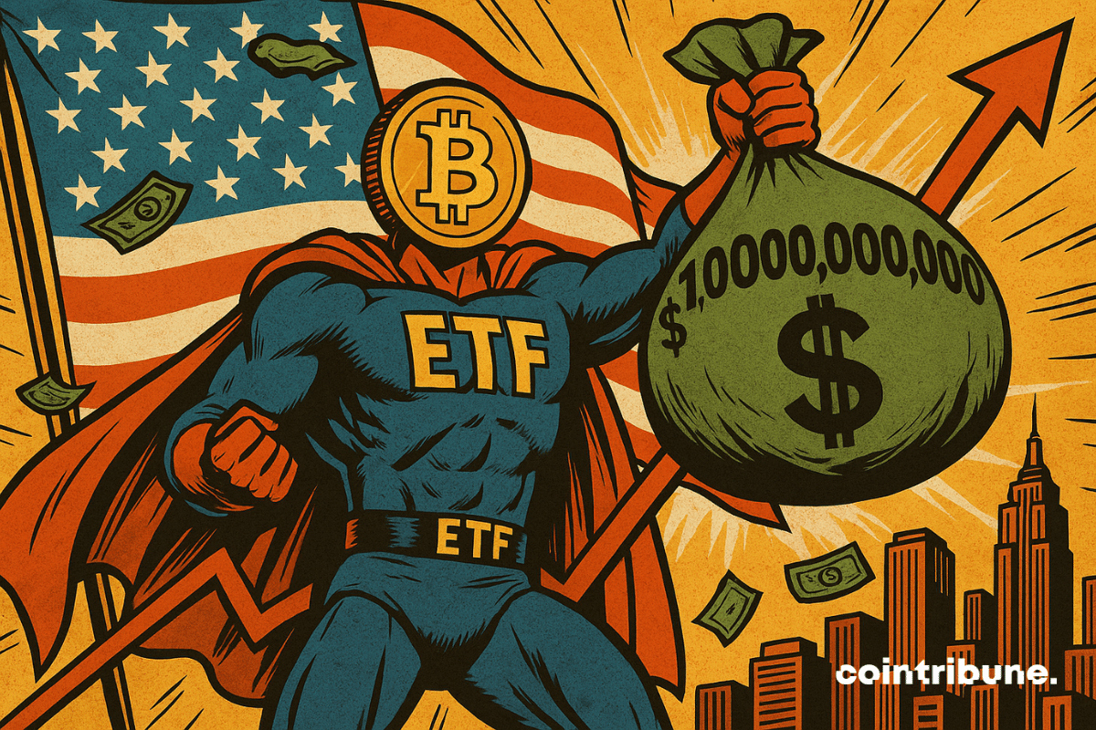 Um super-herói musculoso com cabeça de Bitcoin, vestido com uma fantasia marcada "ETF", empunha uma bolsa.