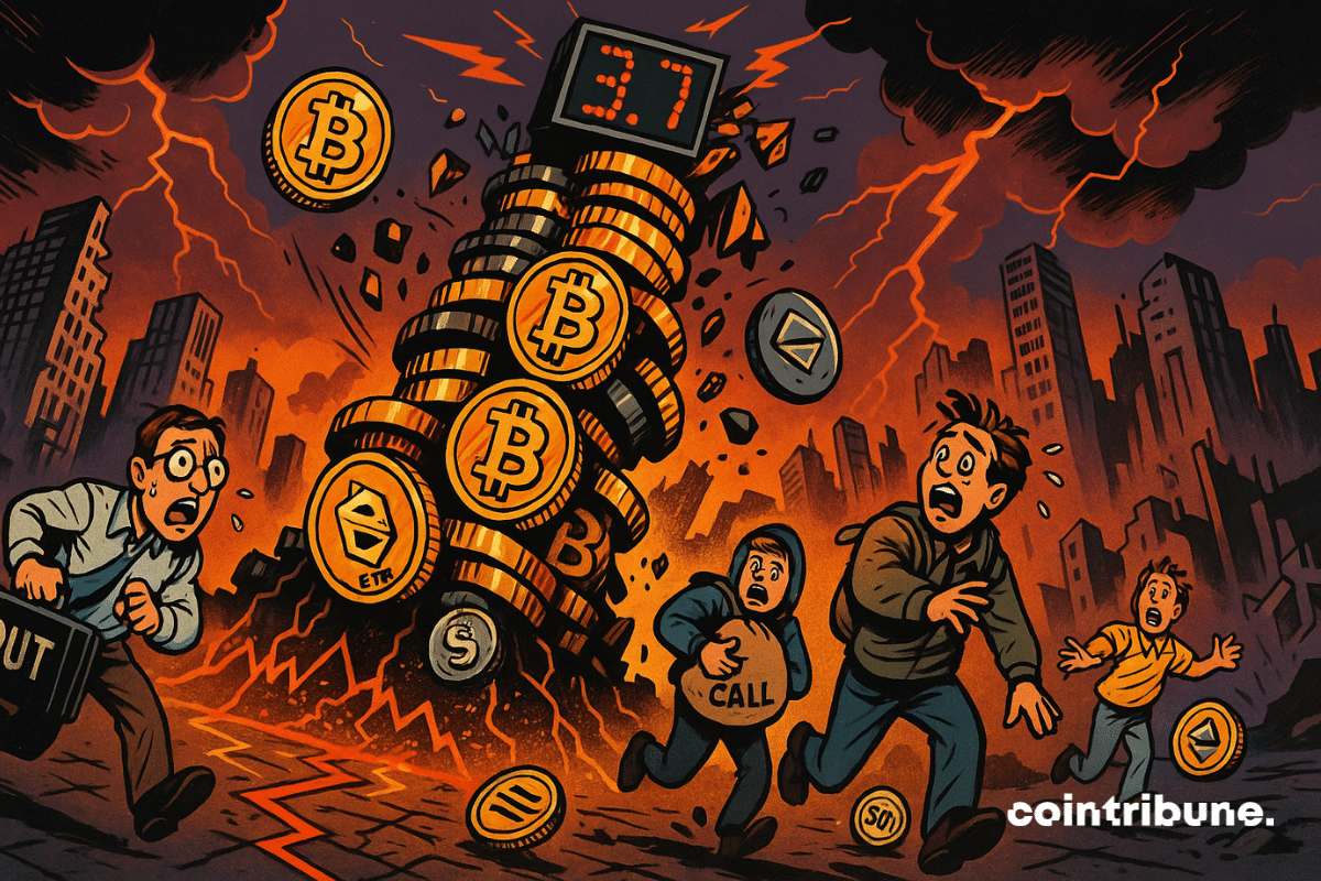 Une tour instable construite avec des piles de pièces géantes Bitcoin et Ethereum, penchée de manière inquiétante, prête à s’effondrer. Plusieurs traders crypto observent la scène.