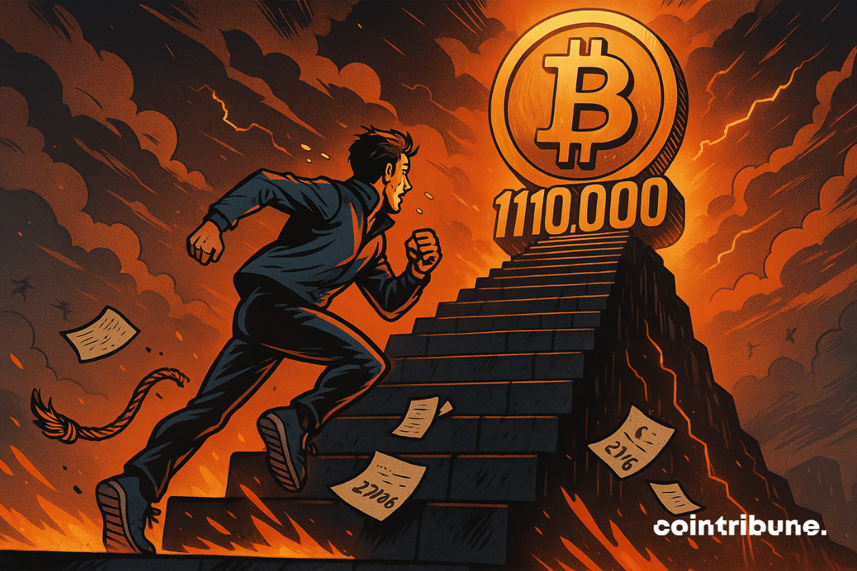 Un escalier monumental fait de dalles numériques orange/noir, s’élevant dans un ciel dramatique et menaçant. L’escalier mène à un immense Bitcoin doré flottant dans les nuages, marqué discrètement de “110 000 $” comme un graal lointain. Un investisseur grimpe en courant l’escalier.