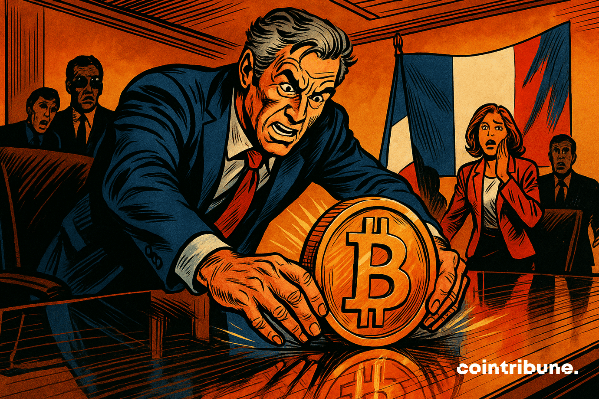 Un chef d’entreprise français pose une pièce géante de Bitcoin sur une table de réunion, sous les regards choqués de ses collègues, dans un style comics des années 70.