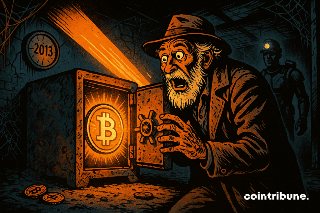 Un vieil homme stupéfait découvre un coffre rouillé illuminé par un symbole Bitcoin doré, dans une cave sombre.